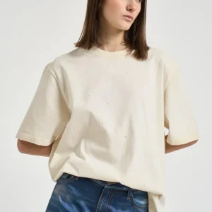 T-shirt donna girocollo avorio con strass